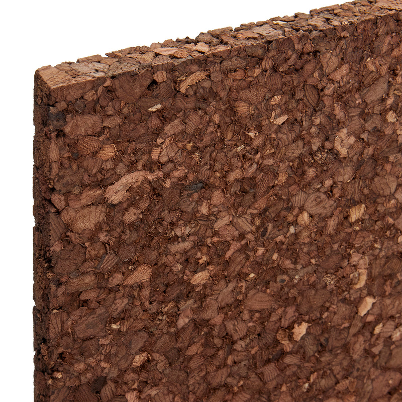 Close-up of the edge of a Board Dudes Dark Cork Tile - 4 Count 12 x 12 inches showing its texture and rough surface.