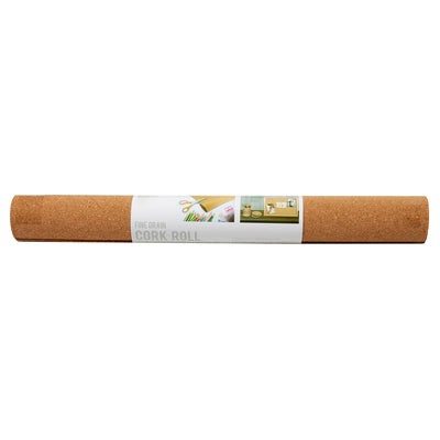 A rolled-up Board Dudes HOBBY CORK ROLL - 3/32 in thick 24 x 48 INCH with a white label displaying text and images of craft supplies and a corkboard on a wall.