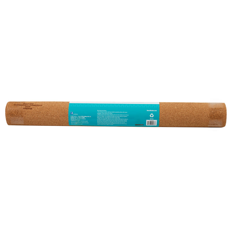A Board Dudes HOBBY CORK ROLL - 3/32 in thick 24 x 48 INCH wrapped in a teal label with product information and a barcode.