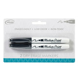 Packaging of Board Dudes Dry Erase Markers Medium Point Black 2 Count, labeled as easy erasing, low odor, and non-toxic. One marker is black and the other white, both with black caps.