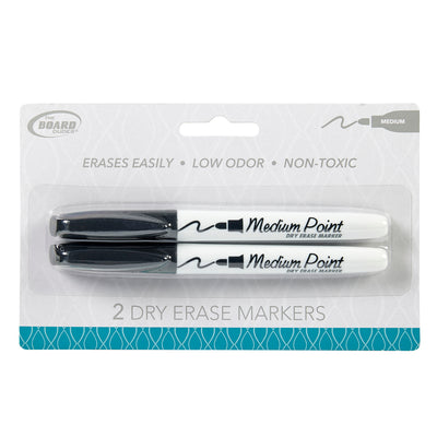 Packaging of Board Dudes Dry Erase Markers Medium Point Black 2 Count, labeled as easy erasing, low odor, and non-toxic. One marker is black and the other white, both with black caps.