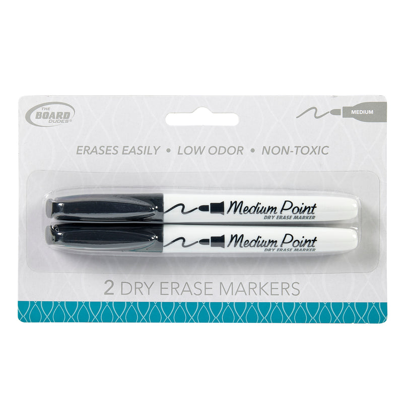 Packaging of Board Dudes Dry Erase Markers Medium Point Black 2 Count, labeled as easy erasing, low odor, and non-toxic. One marker is black and the other white, both with black caps.