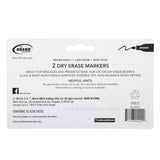 Back of a Board Dudes Dry Erase Markers Medium Point Black 2 Count package detailing product features, usage instructions, manufacturing details, and barcode.