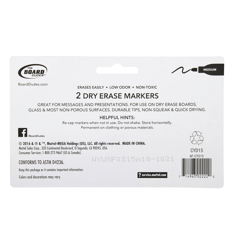 Back of a Board Dudes Dry Erase Markers Medium Point Black 2 Count package detailing product features, usage instructions, manufacturing details, and barcode.