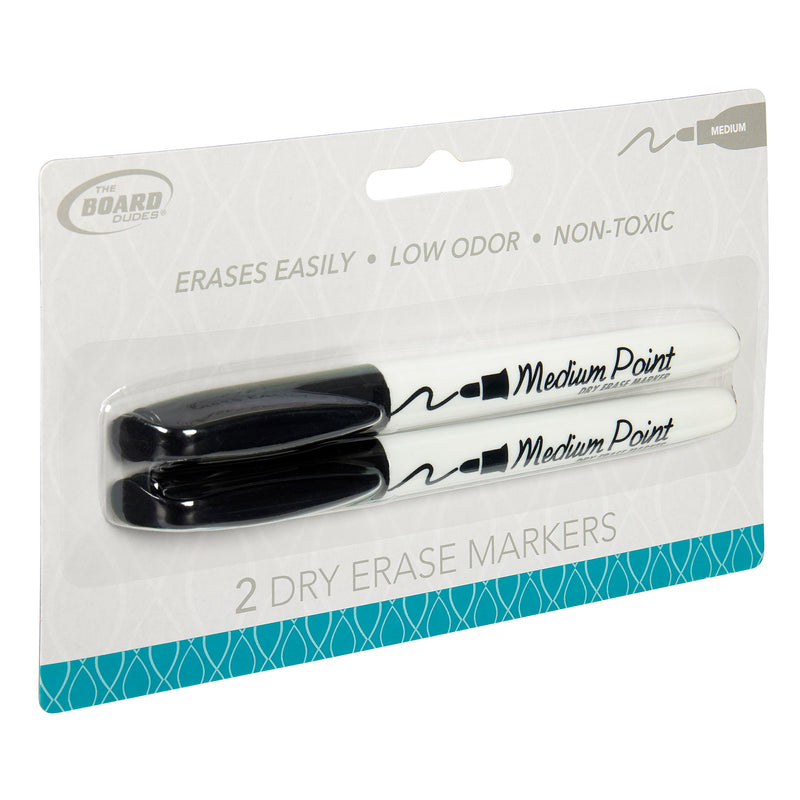 A package of Board Dudes Dry Erase Markers Medium Point Black 2 Count. The markers are black, non-toxic, low odor, and erase easily.