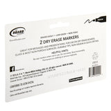 Packaging for "Board Dudes Dry Erase Markers Medium Point Black 2 Count." Highlights include erases easily, low odor, non-toxic. States suitable for glass, most non-porous surfaces. Includes usage hints and safety warnings.