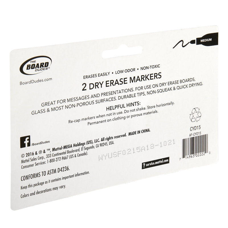 Packaging for "Board Dudes Dry Erase Markers Medium Point Black 2 Count." Highlights include erases easily, low odor, non-toxic. States suitable for glass, most non-porous surfaces. Includes usage hints and safety warnings.