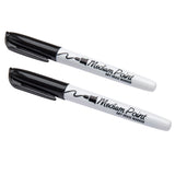 Two white dry erase markers with black caps labeled "Board Dudes Dry Erase Markers Medium Point Black 2 Count" placed side by side.