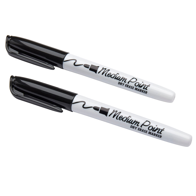 Two white dry erase markers with black caps labeled "Board Dudes Dry Erase Markers Medium Point Black 2 Count" placed side by side.