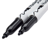 Two Board Dudes Dry Erase Markers Medium Point Black 2 Count with the tips facing forward. They have white barrels with black text and logos.