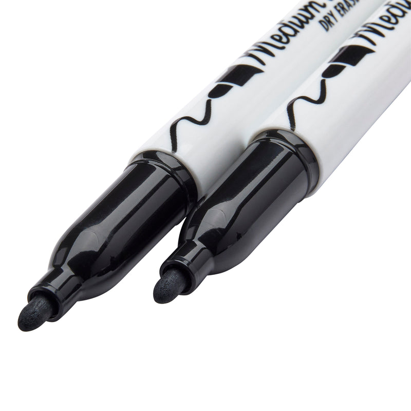 Two Board Dudes Dry Erase Markers Medium Point Black 2 Count with the tips facing forward. They have white barrels with black text and logos.