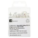 A package of Board Dudes PUSH PINS - Clear 80 Count with text information including manufacturer details, a recycling symbol, and contact information on the back.