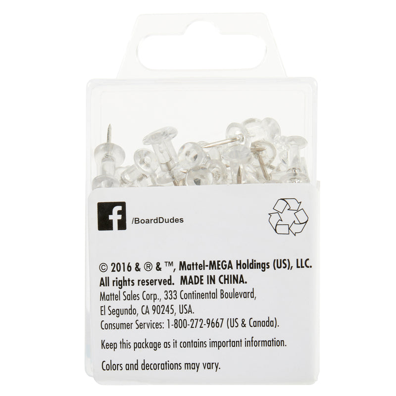 A package of Board Dudes PUSH PINS - Clear 80 Count with text information including manufacturer details, a recycling symbol, and contact information on the back.