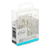 A clear plastic container labeled "Board Dudes PUSH PINS - Clear 80 Count" containing transparent push pins with a barcode and product code CY099.