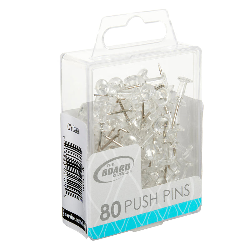A clear plastic container labeled "Board Dudes PUSH PINS - Clear 80 Count" containing transparent push pins with a barcode and product code CY099.