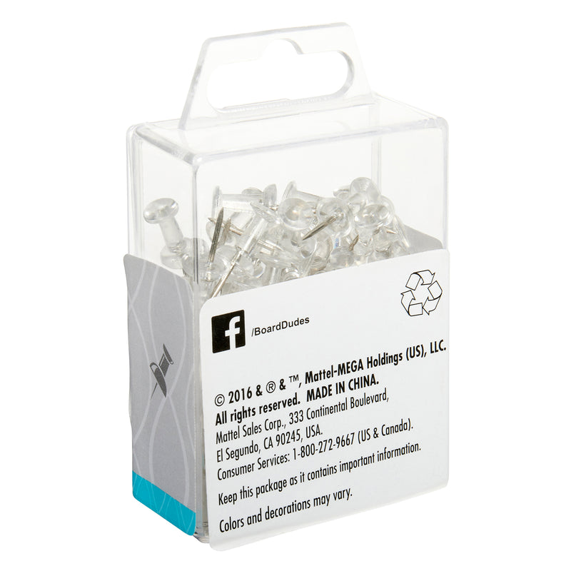 A clear plastic box containing Board Dudes PUSH PINS - Clear 80 Count with company information and customer service phone number provided on the label.