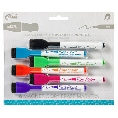 A pack of Board Dudes Dry Erase Markers Magnetic Fine Point with Eraser Asst Colors 6 Count in various colors, each with a built-in eraser cap. The markers are described as low odor, non-toxic, and erase easily.