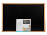 A rectangular chalkboard with a wooden frame. A product label at the bottom shows a smaller image of a Board Dudes Chalk Board - Wood Frame 35x23 INCH mounted on a wall above a desk and chair setup.