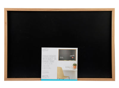 A rectangular chalkboard with a wooden frame. A product label at the bottom shows a smaller image of a Board Dudes Chalk Board - Wood Frame 35x23 INCH mounted on a wall above a desk and chair setup.