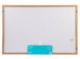 A rectangular Board Dudes Chalk Board - Wood Frame 35x23 INCH, hung by four corner screws. A blue instruction sheet and a small plastic bag containing mounting hardware are attached at the bottom.