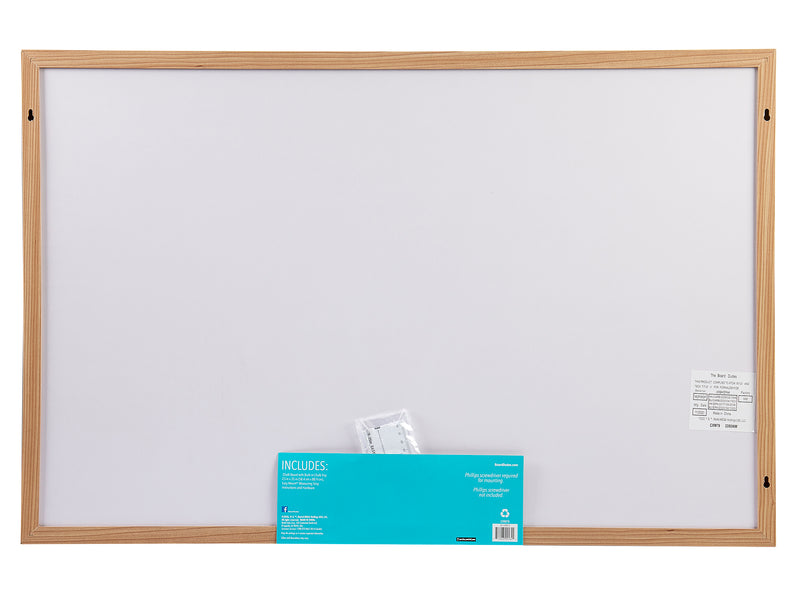 A rectangular Board Dudes Chalk Board - Wood Frame 35x23 INCH, hung by four corner screws. A blue instruction sheet and a small plastic bag containing mounting hardware are attached at the bottom.