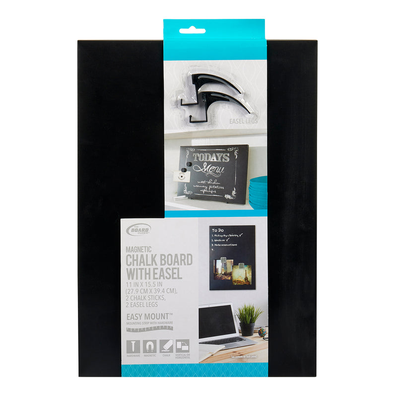 A Board Dudes Magnetic Chalk Board with Easel 11 x 15.5 inches: Versatile Organization and Style, shown in packaging. Includes two chalk sticks, two easel legs, and a display image of a chalkboard with the text "Today's Menu.