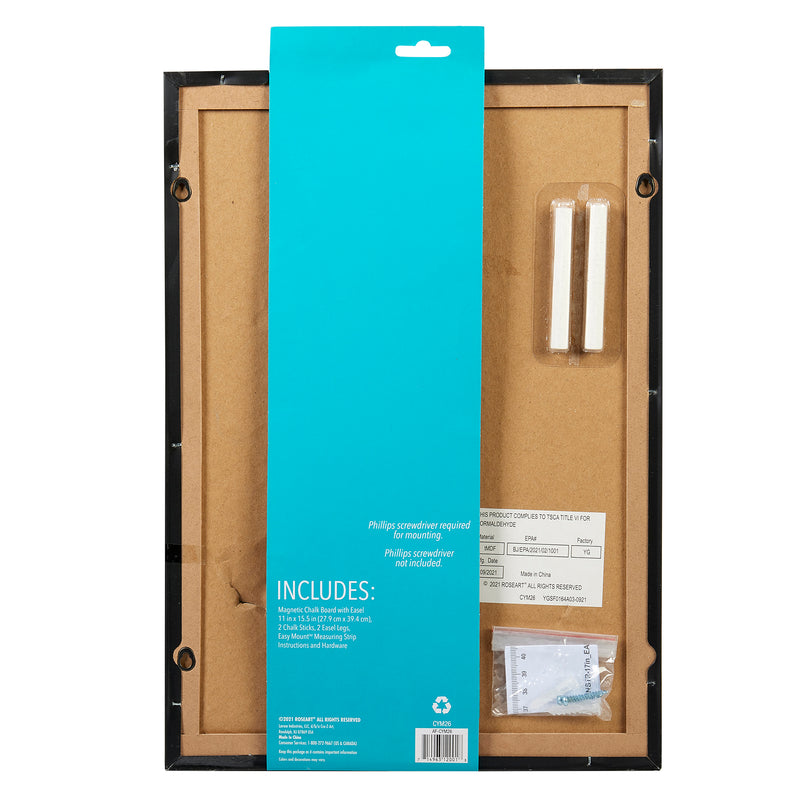 Back view of a mounted Board Dudes Magnetic Chalk Board with Easel 11 x 15.5 inches: Versatile Organization and Style kit featuring a wooden frame, instruction label, and the included hanging hardware in a plastic bag.