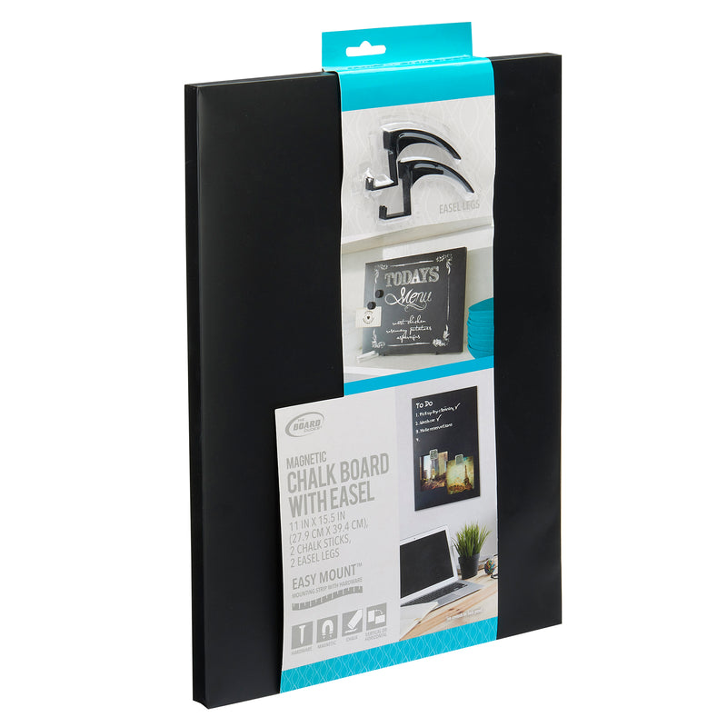 A packaged Board Dudes Magnetic Chalk Board with Easel 11 x 15.5 inches: Versatile Organization and Style is displayed, showing dimensions of 11"x14.5". The packaging depicts a chalkboard, easel legs, and chalk sticks, with instructions for easy mounting.