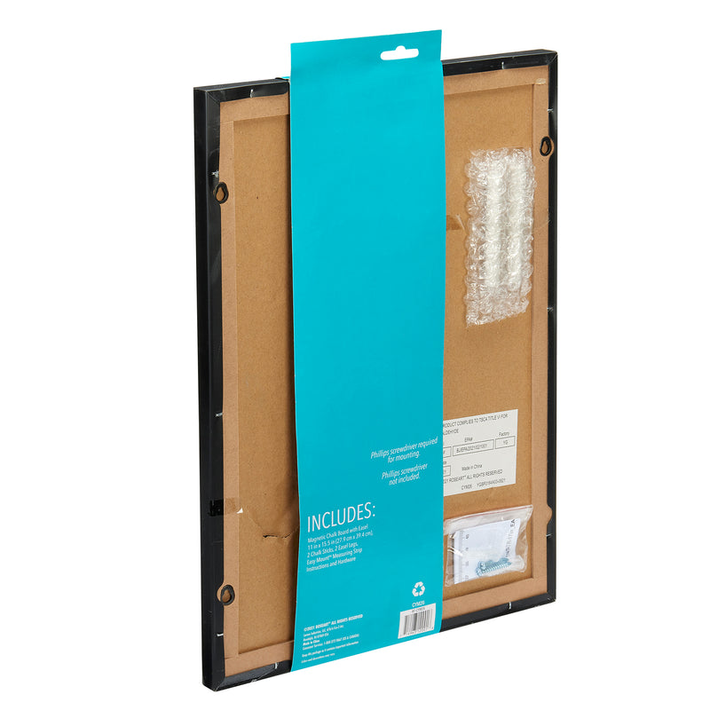 The image shows the back of a Board Dudes Magnetic Chalk Board with Easel 11 x 15.5 inches: Versatile Organization and Style with a blue label detailing included accessories. Visible are mounting hardware in plastic packaging, a bubble wrap sheet, and instructions.