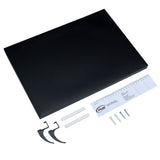 Wall shelf kit featuring a black shelf, ruler, two mounting brackets, screws, wall anchors, and two markers on a white background—perfect for organizing your space alongside your Board Dudes Magnetic Chalk Board with Easel 11 x 15.5 inches: Versatile Organization and Style.