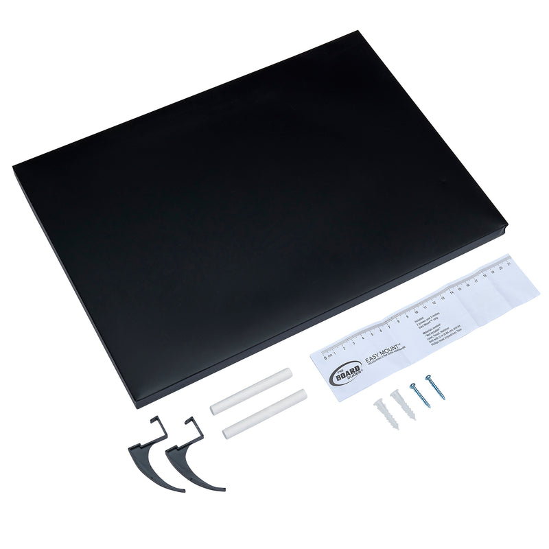Wall shelf kit featuring a black shelf, ruler, two mounting brackets, screws, wall anchors, and two markers on a white background—perfect for organizing your space alongside your Board Dudes Magnetic Chalk Board with Easel 11 x 15.5 inches: Versatile Organization and Style.