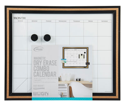 A Board Dudes Dry Erase Calendar Cork Magnetic Combo 22 x 18 inches: Stylish Organization for Any Space with two magnets, displayed inside its packaging. It features a monthly layout from Sunday to Saturday and measures 18x22 inches.