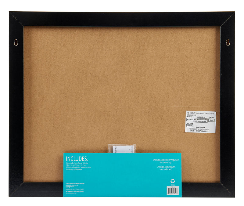 Backside of a large, black-framed Board Dudes Dry Erase Calendar Cork Magnetic Combo 22 x 18 inches: Stylish Organization for Any Space with a brown backing board. Two metal hanging clips on top. Info sheet at the bottom detailing assembly instructions and included components.