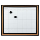 A Board Dudes Dry Erase Calendar Cork Magnetic Combo 22 x 18 inches: Stylish Organization for Any Space with a cork border, two black magnets attached on the upper left grid cells. Days of the week labeled along the top, and a blank grid layout.