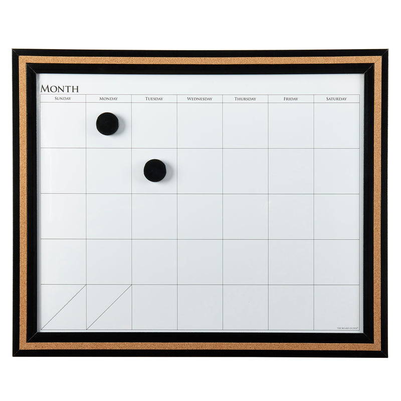 A Board Dudes Dry Erase Calendar Cork Magnetic Combo 22 x 18 inches: Stylish Organization for Any Space with a cork border, two black magnets attached on the upper left grid cells. Days of the week labeled along the top, and a blank grid layout.