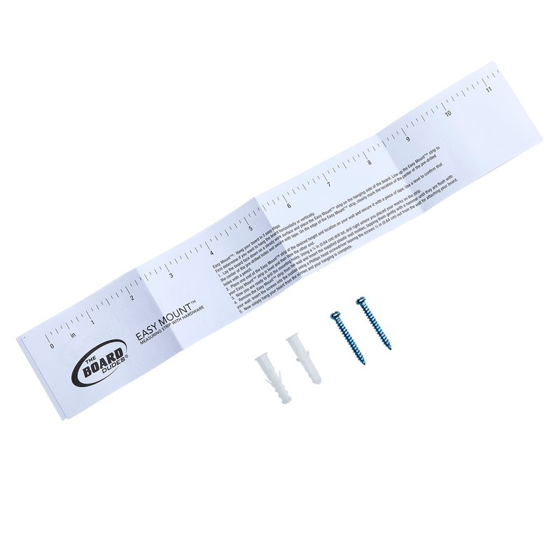 A folded paper ruler labeled "Board Dudes Dry Erase Calendar Cork Magnetic Combo 22 x 18 inches: Stylish Organization for Any Space," accompanied by two wall anchors and two screws, displayed on a white background.