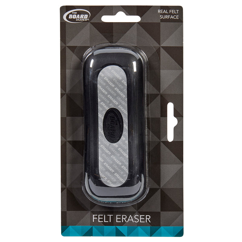 Packaging of a felt eraser labeled "Board Dudes Dry Erase Felt Eraser: Effortless Erasing for Home and Office Use". The eraser is black, encased in transparent plastic, with text indicating it has a real felt surface. Background has a geometric pattern.