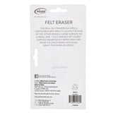 Back packaging of a "Board Dudes Dry Erase Felt Eraser: Effortless Erasing for Home and Office Use." Describes features such as a contoured grip, easy chalk or marker mark removal, and suitability for home or office use. Product details and social media info provided.