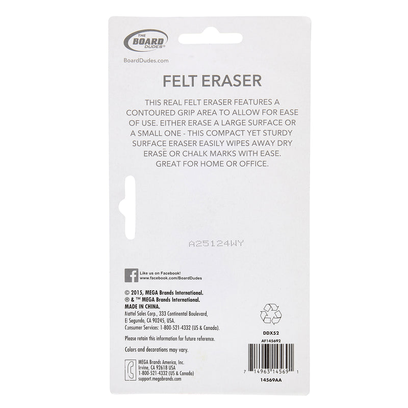 Back packaging of a "Board Dudes Dry Erase Felt Eraser: Effortless Erasing for Home and Office Use." Describes features such as a contoured grip, easy chalk or marker mark removal, and suitability for home or office use. Product details and social media info provided.