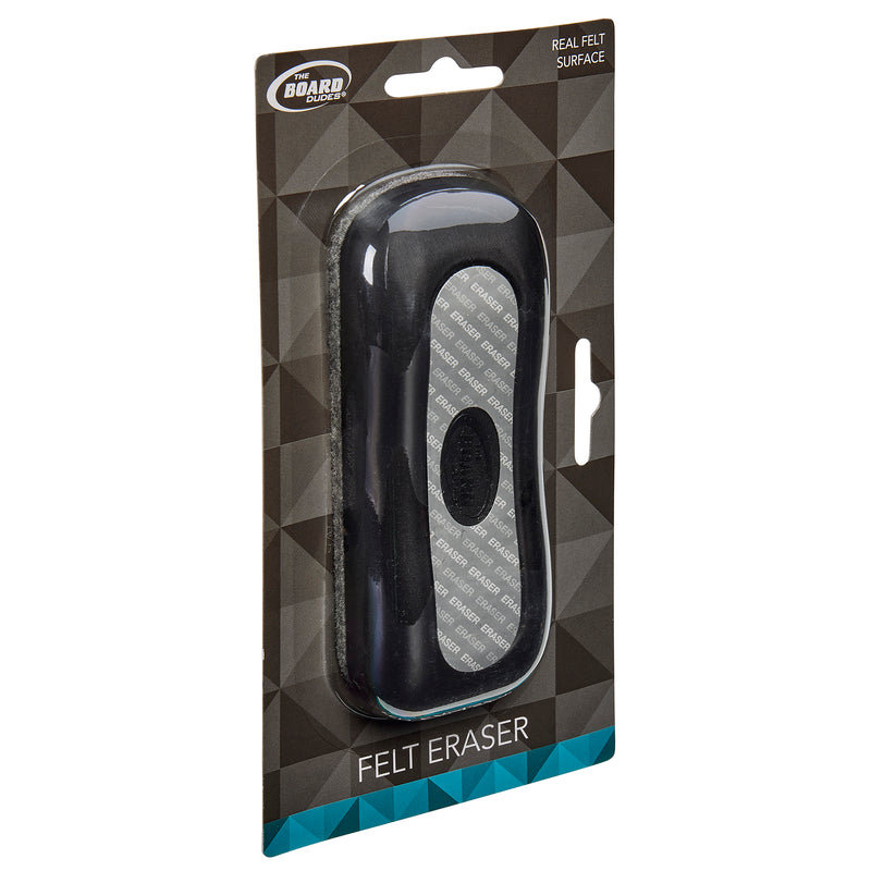 Packaging of a black and gray felt eraser labeled "Board Dudes Dry Erase Felt Eraser: Effortless Erasing for Home and Office Use" with "REAL FELT SURFACE" and "FELT ERASER" written on the packaging.
