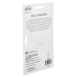 A white packaging back of a "Board Dudes Dry Erase Felt Eraser: Effortless Erasing for Home and Office Use," describing it as having a contoured grip area for easy erasing of both large and small surfaces, suitable for dry erase or chalk marks, and ideal for home or office use.