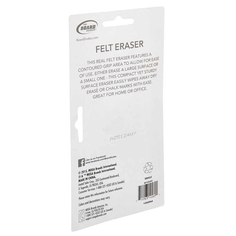 A white packaging back of a "Board Dudes Dry Erase Felt Eraser: Effortless Erasing for Home and Office Use," describing it as having a contoured grip area for easy erasing of both large and small surfaces, suitable for dry erase or chalk marks, and ideal for home or office use.
