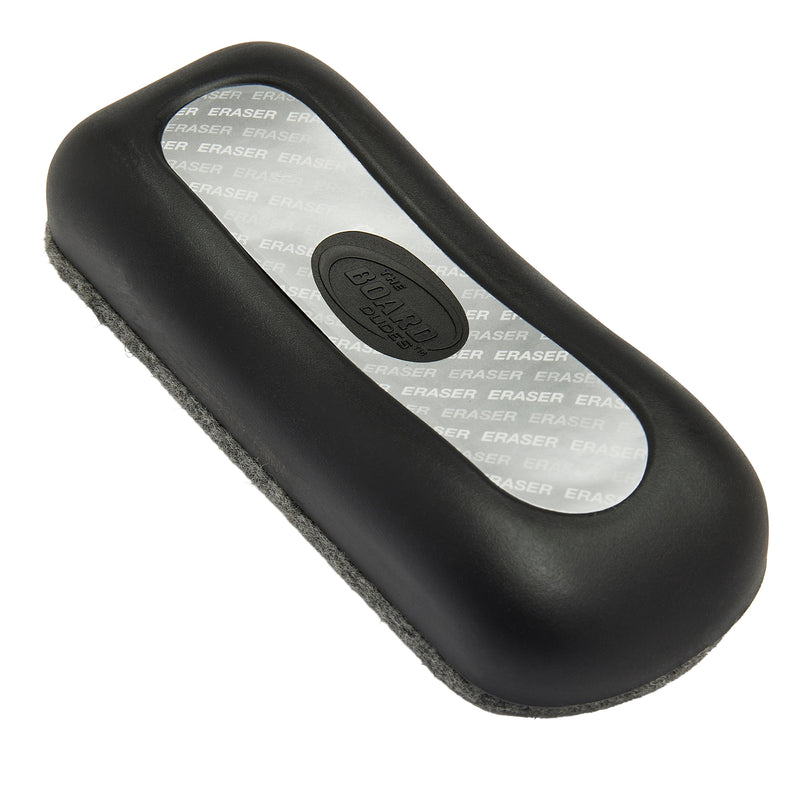 A black and gray Board Dudes Dry Erase Felt Eraser: Effortless Erasing for Home and Office Use with a rounded shape and "ERASER" printed on its surface.
