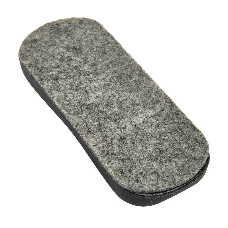 A Board Dudes Dry Erase Felt Eraser: Effortless Erasing for Home and Office Use with a gray surface and a black base, typically used for chalkboards or whiteboards.