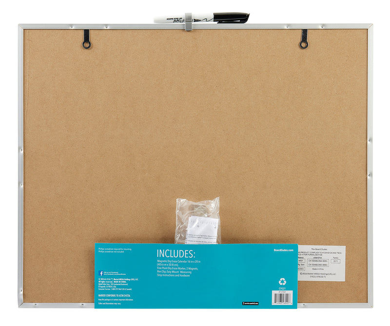 Back view of a framed Board Dudes Dry Erase Magnetic Calendar 16x20 INCH: Elevate Your Organizational Game with mounting hardware attached and a small plastic bag containing additional accessories against the board. A label with product information is affixed to the bottom.