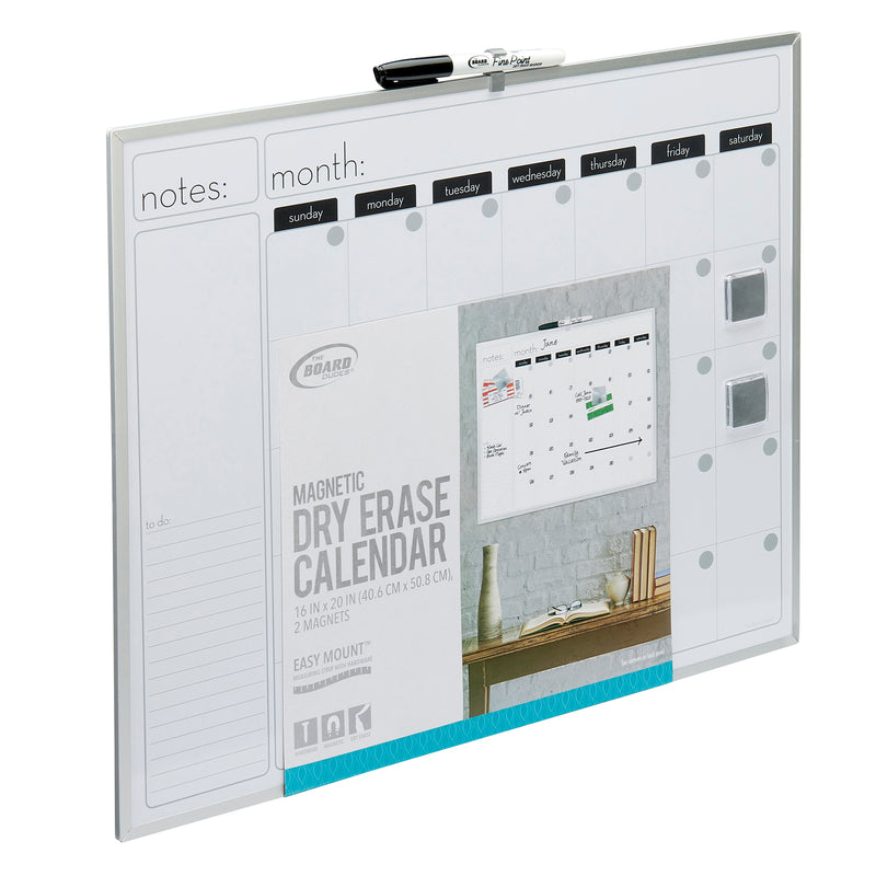 A Board Dudes Dry Erase Magnetic Calendar 16x20 INCH: Elevate Your Organizational Game with weekly sections, note sections, and a mounted pen at the top. The calendar is labeled for easy use in organizing tasks and schedules.