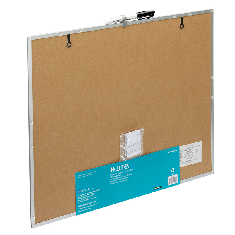 The back of a Board Dudes Dry Erase Magnetic Calendar 16x20 INCH: Elevate Your Organizational Game with two mounting hooks, a blue label, and a marker tray.