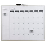 A Board Dudes Dry Erase Magnetic Calendar 16x20 INCH: Elevate Your Organizational Game with "Notes" and "To Do" sections on the left and a blank monthly grid on the right. Blank spaces for each day of the week are visible, along with magnets and a dry erase marker.