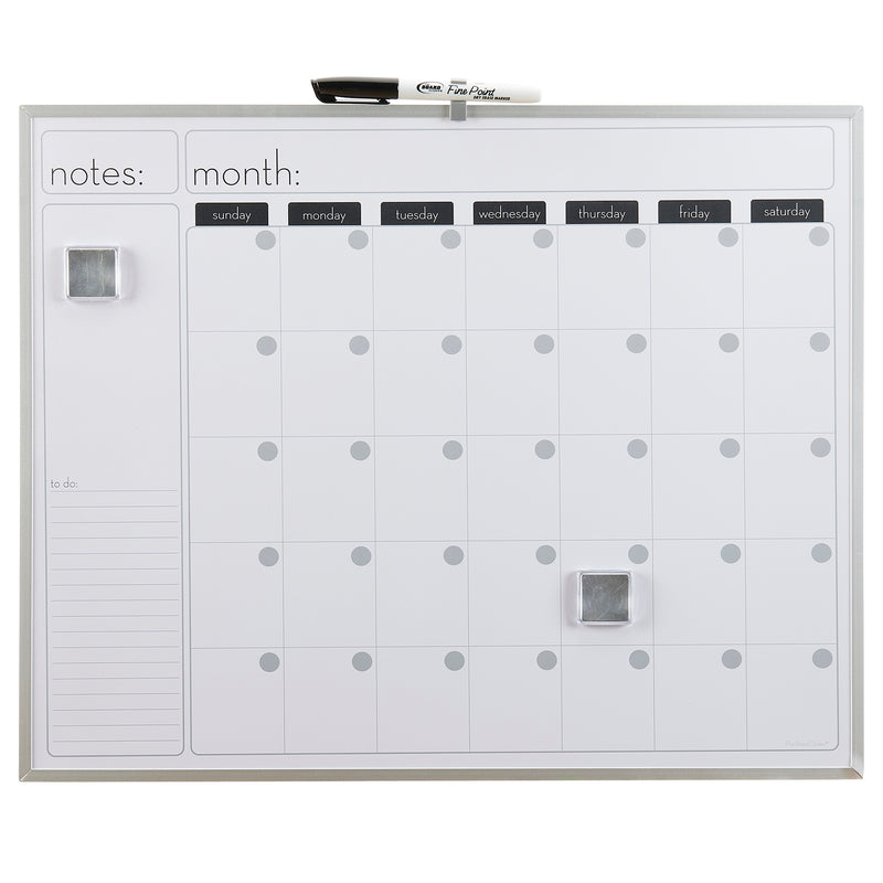A Board Dudes Dry Erase Magnetic Calendar 16x20 INCH: Elevate Your Organizational Game with "Notes" and "To Do" sections on the left and a blank monthly grid on the right. Blank spaces for each day of the week are visible, along with magnets and a dry erase marker.