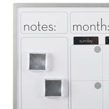 A Board Dudes Dry Erase Magnetic Calendar 16x20 INCH: Elevate Your Organizational Game with a section for notes and a calendar labeled "month:". Two magnets are placed in the notes section, while the calendar shows a grid with days of the week including Sunday.